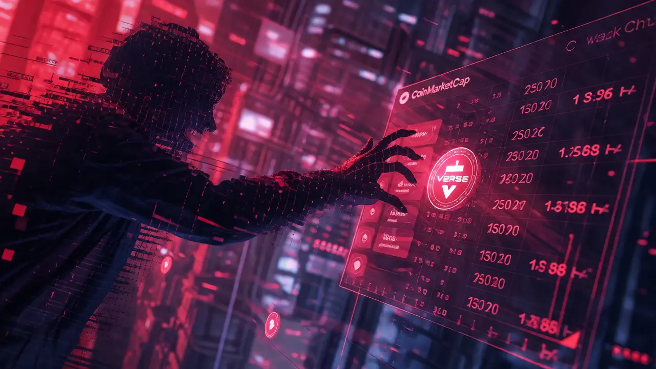 Shadowy phishing figure reaching for VERSE token amidst CoinMarketCap data streams