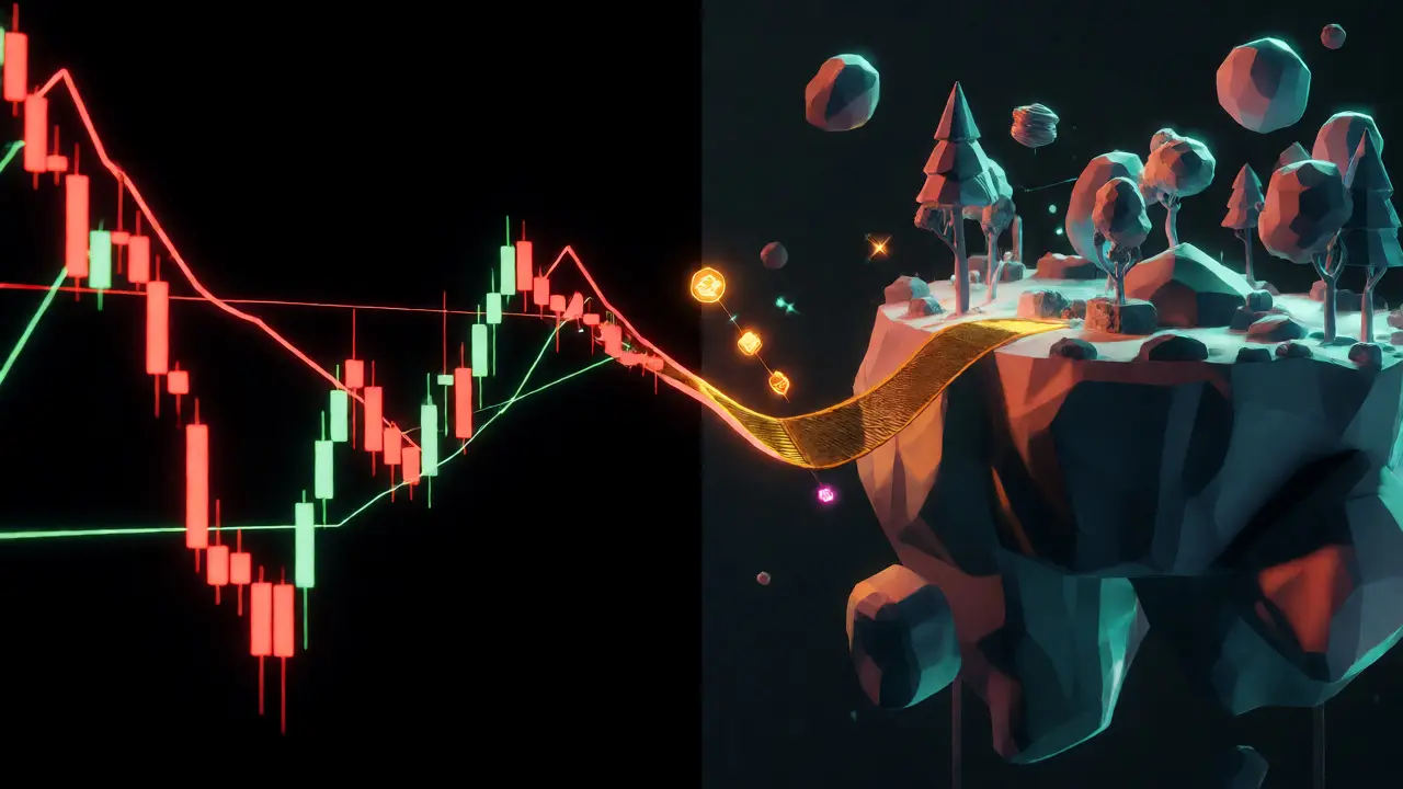 Split view of volatile crypto charts and a stable 3D metaverse