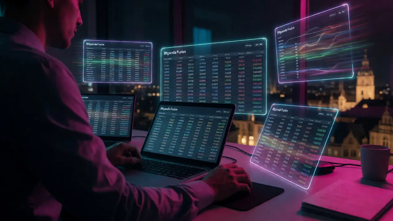 Trader using holographic fusion trading interface in neon office