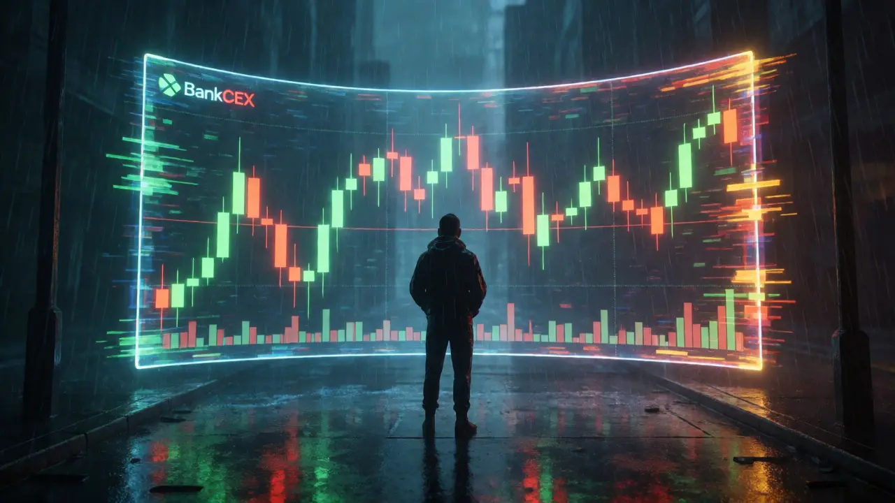 Trader viewing volatile crypto charts in neon-lit rain