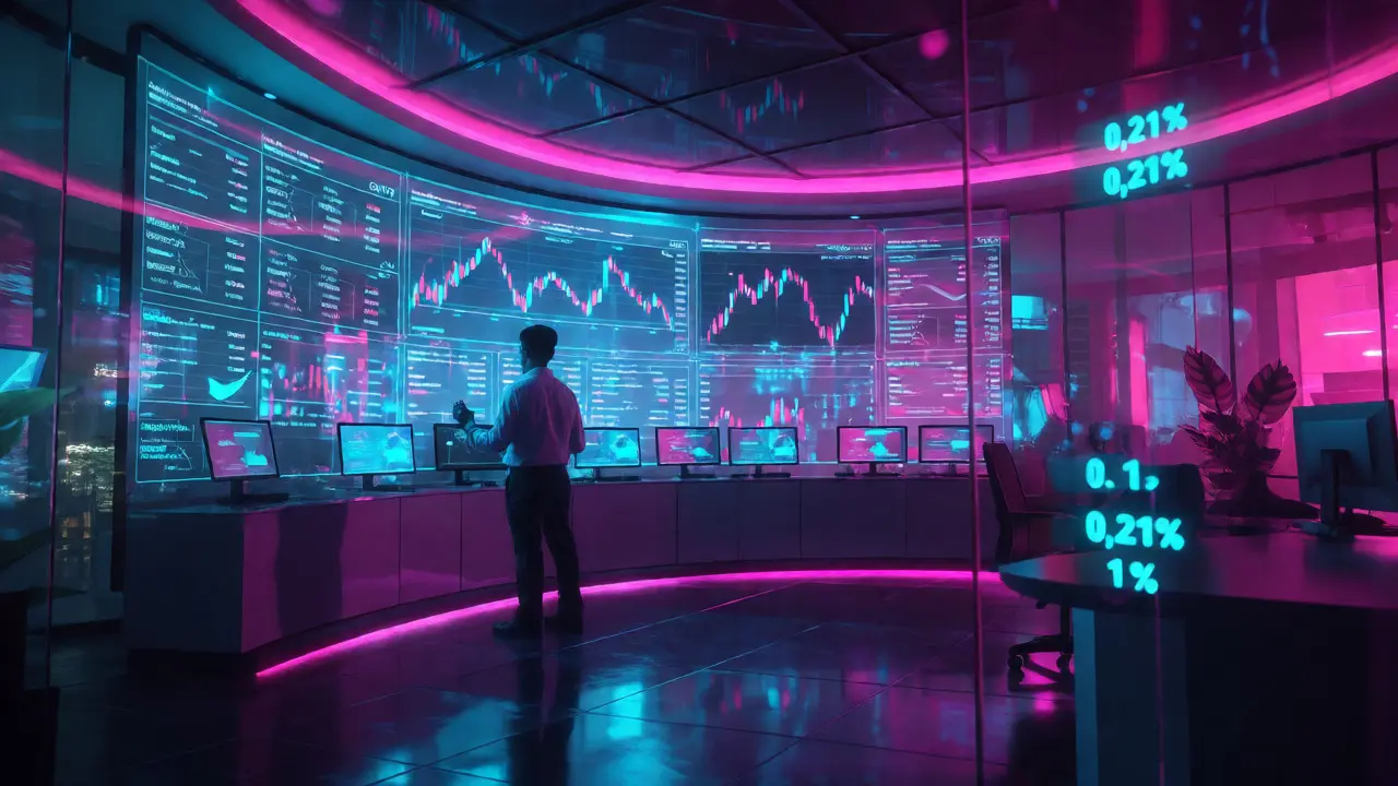 Trader analyzing crypto charts under OJK regulations in a neon-lit office